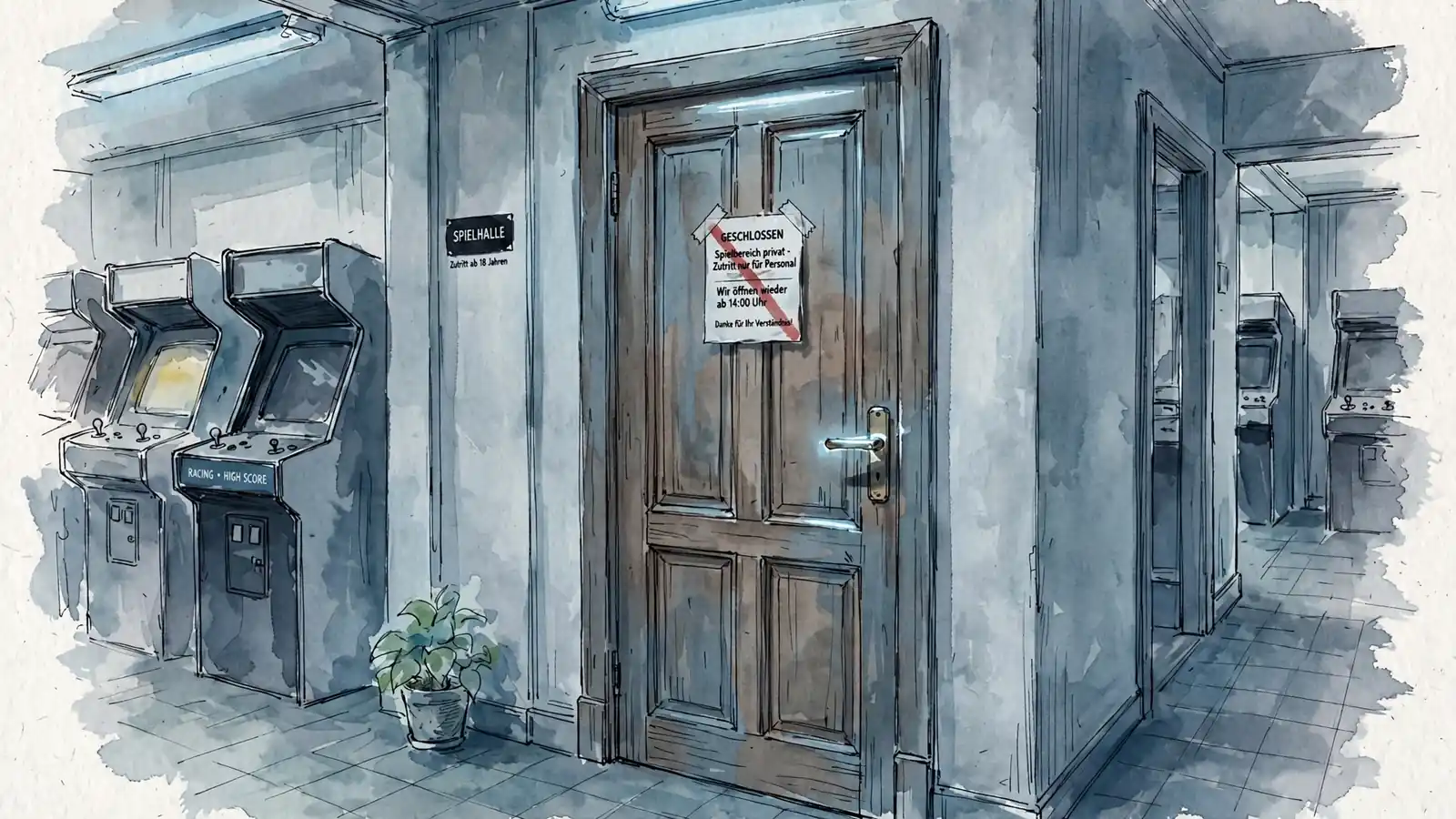 Geschlossene Tür mit Sperrhinweis in einer Spielhalle